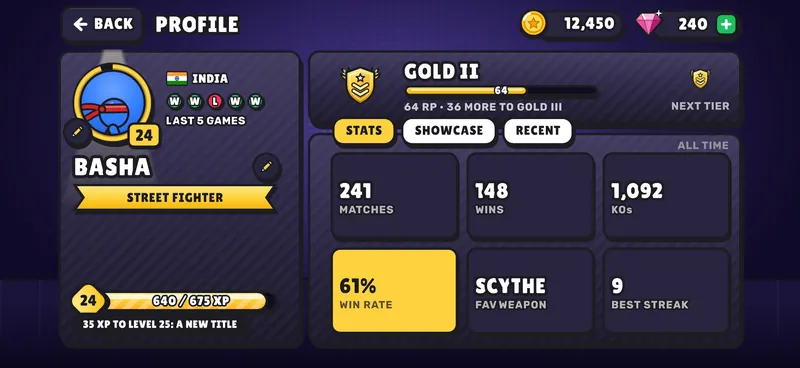 The profile: avatar, level, rank, matches, wins and KOs