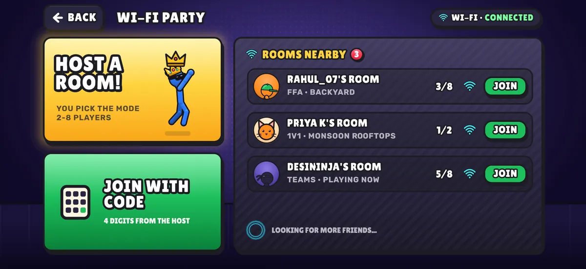 The Wi-Fi party screen: host a room or join one of three rooms found on the same Wi-Fi network