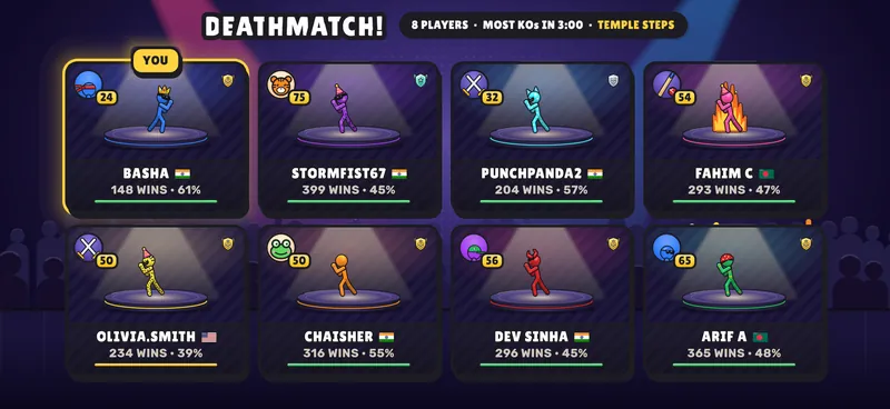 The deathmatch VS grid: eight fighter cards on Temple Steps